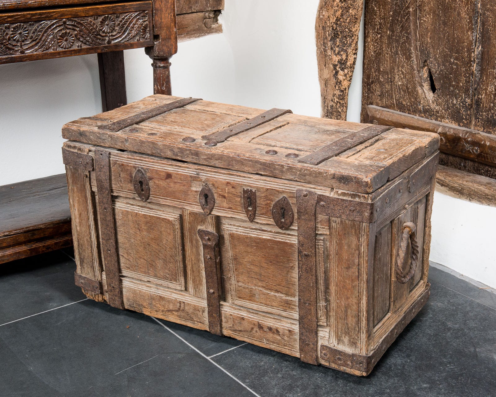 Mid Tudor iron bound oak chest