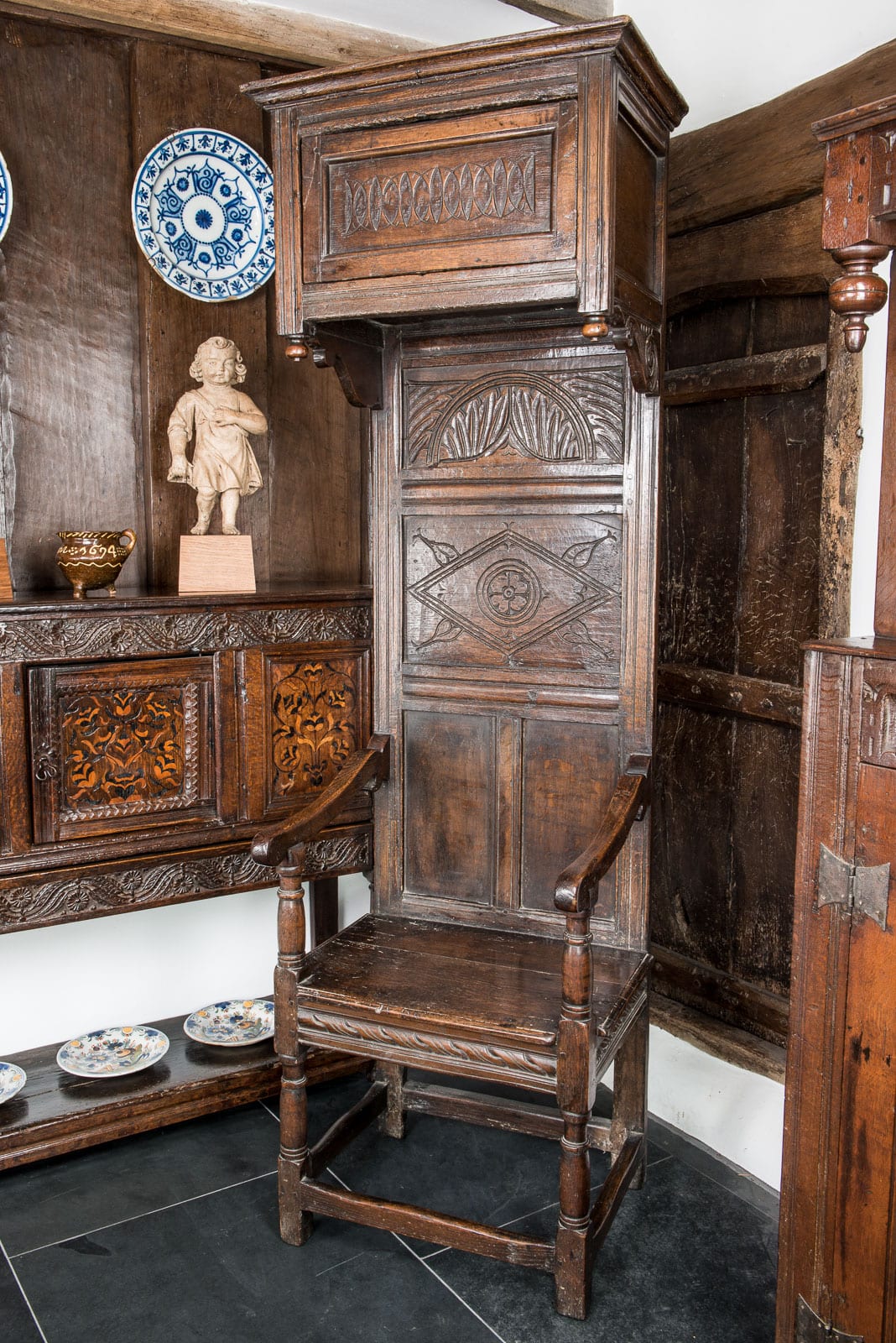17th century canopied joined oak armchair