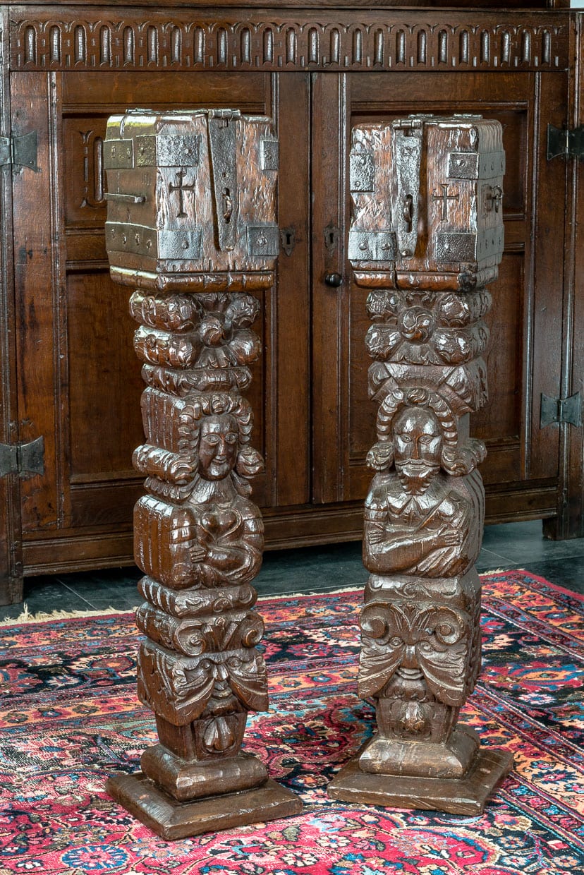 Pair of Elizabeth I oak alms boxes