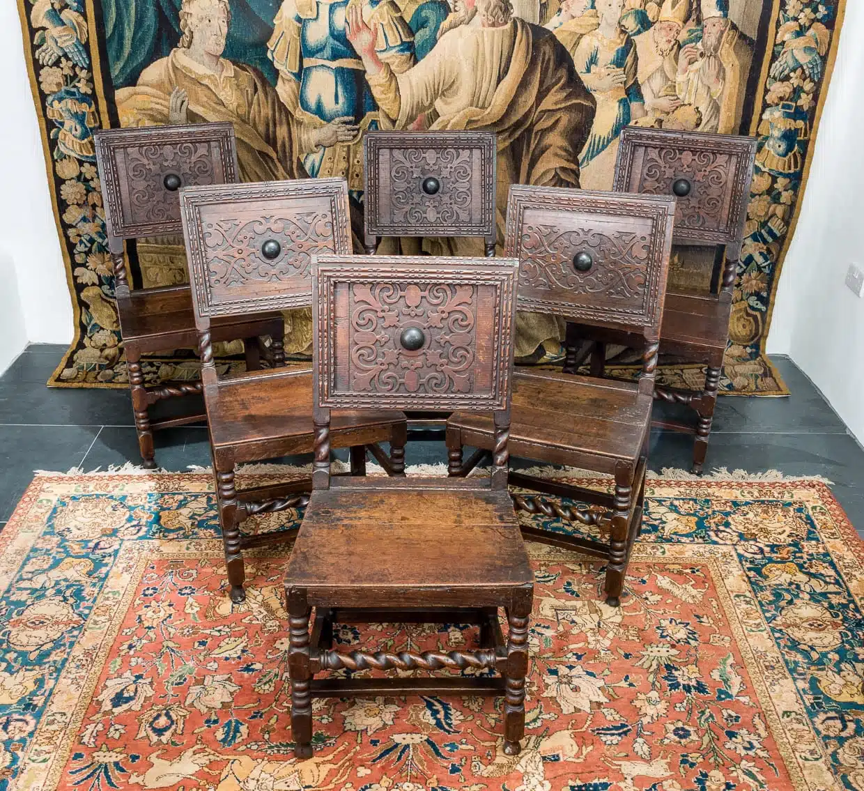 Set of 6 Charles II oak backstools