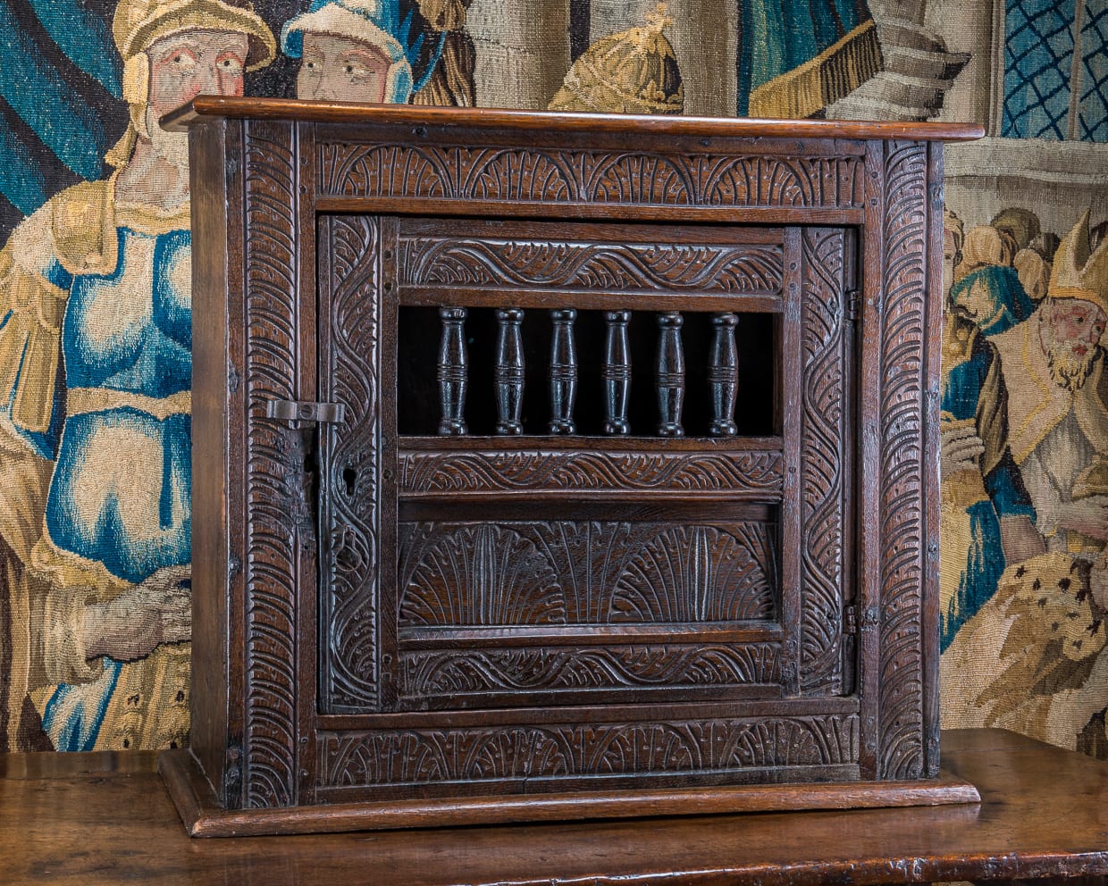 Charles I oak carved mural cupboard