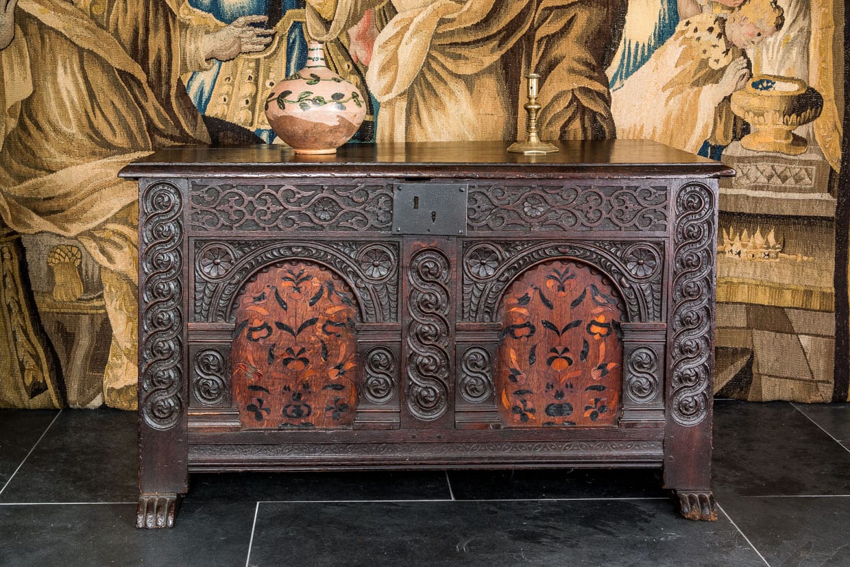 Elizabeth I inlaid oak carved chest