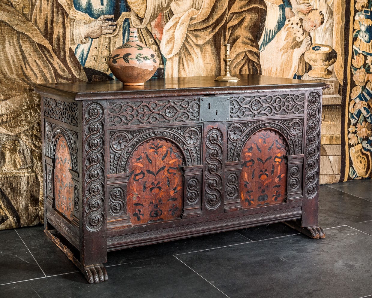 Elizabeth I inlaid oak carved chest