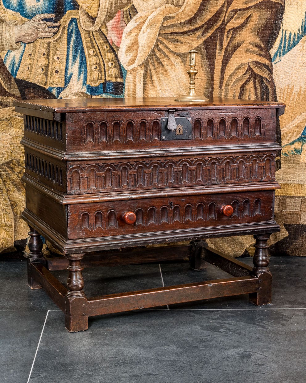 James I oak carved chest on stand