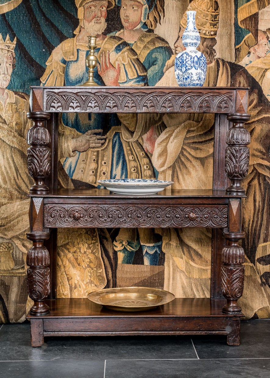 James I oak carved three tier buffet
