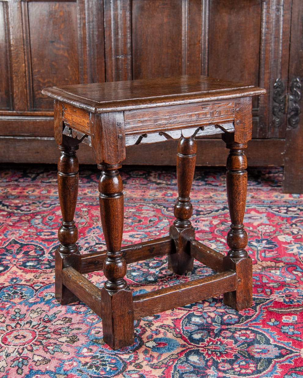 17th century inlaid joined oak stool