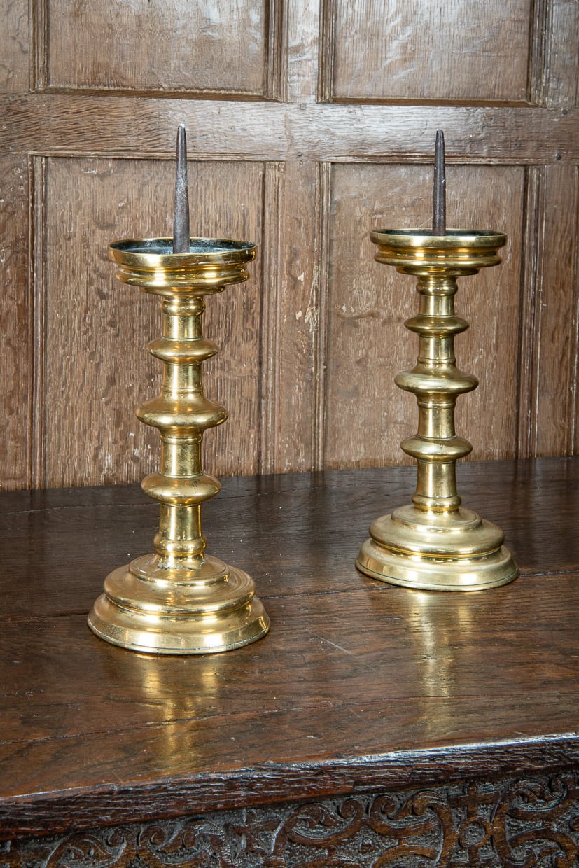 Pair of Gothic brass pricket candlesticks