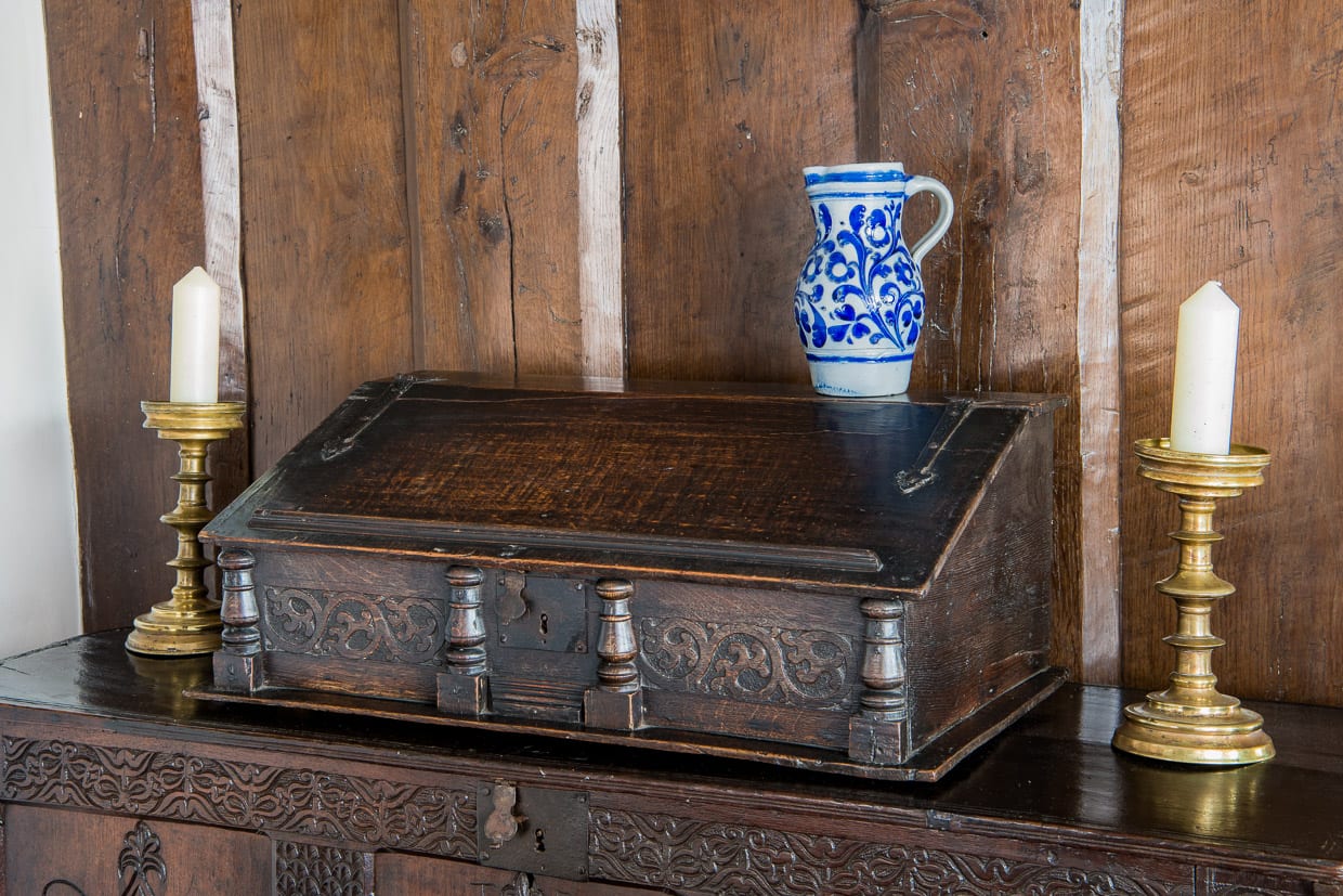Charles I oak carved writing slope