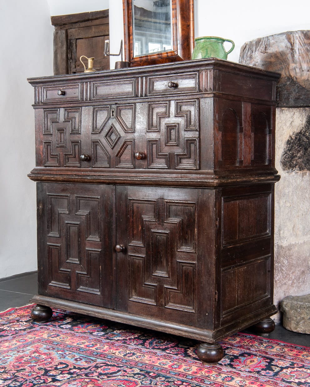 Charles II oak enclosed chest of drawers