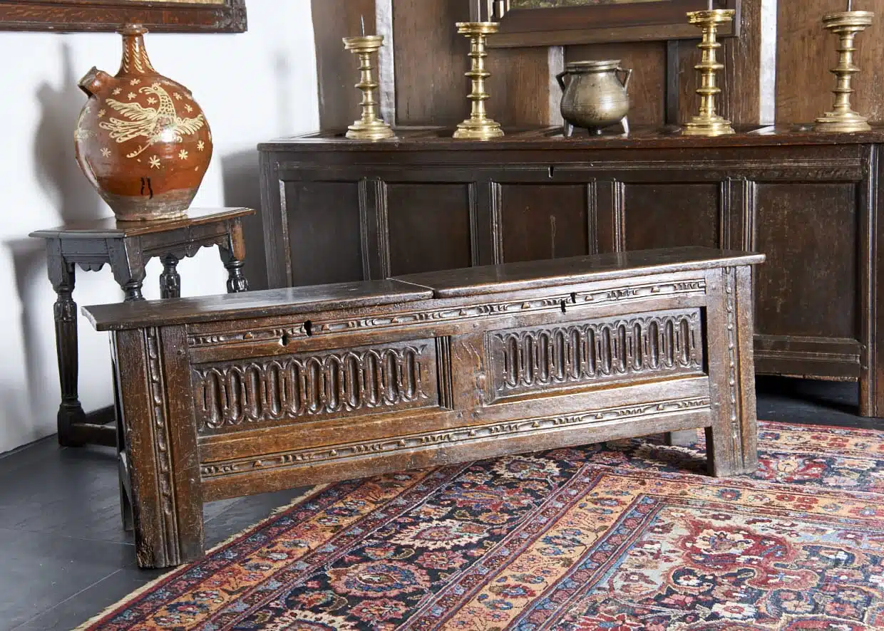 Elizabeth I oak carved box bench