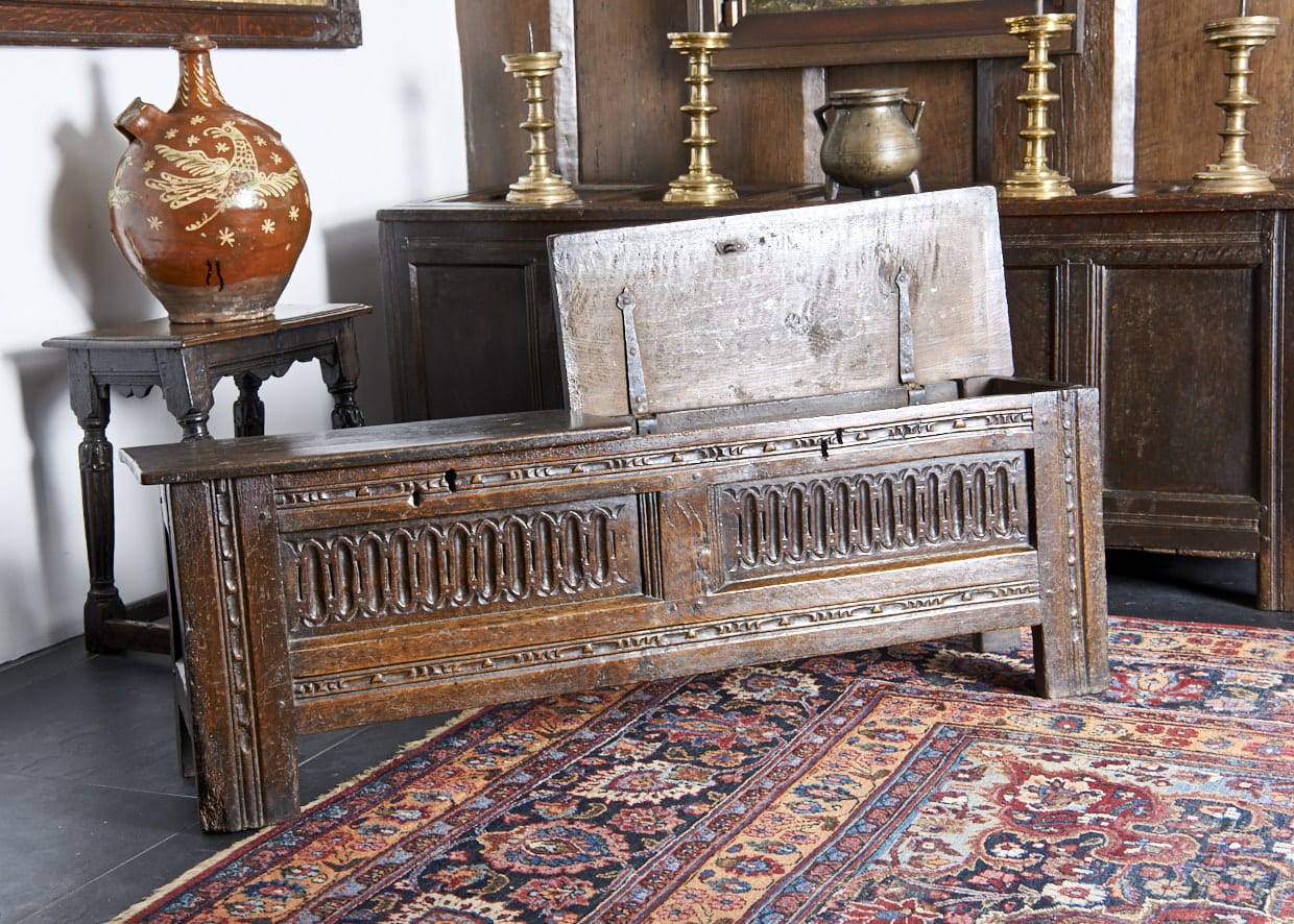 Elizabeth I oak carved box bench