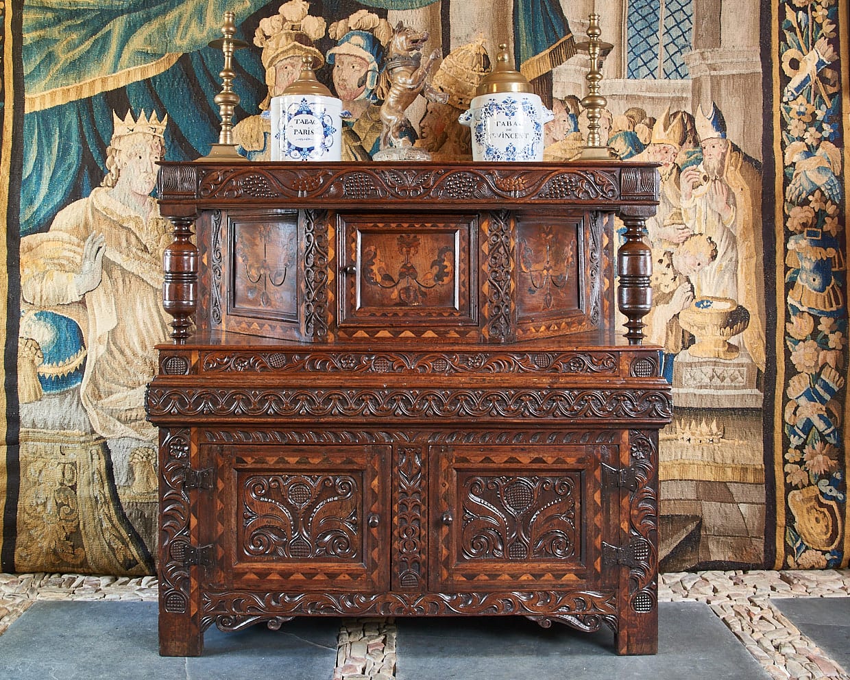 James I inlaid oak canted press cupboard