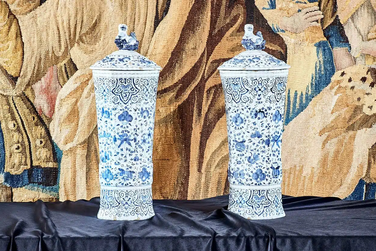 Pair of Delft lidded vases