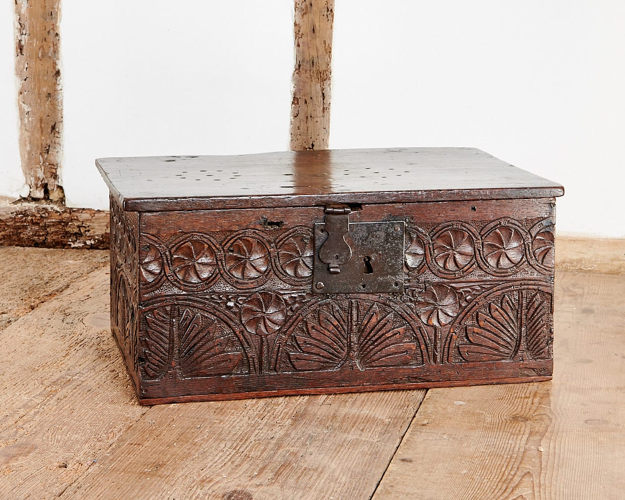 James I oak carved boarded box
