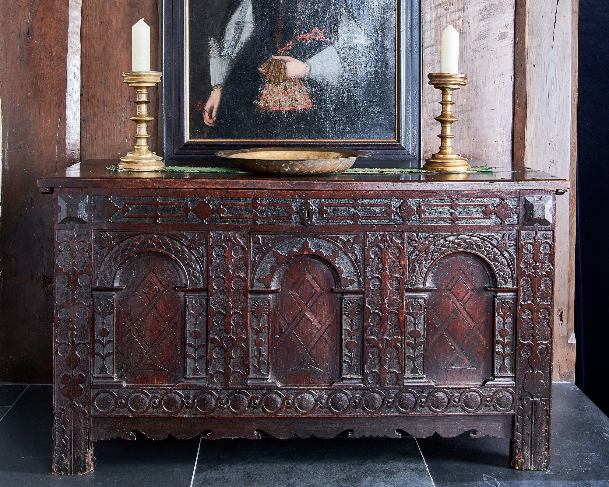 James I oak carved and inlaid chest