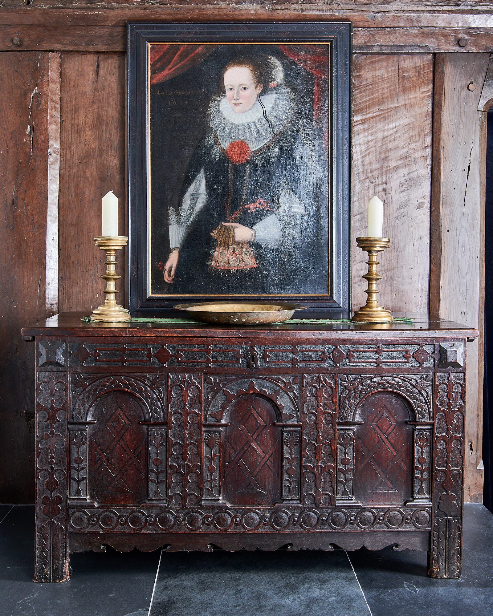 James I oak carved and inlaid chest