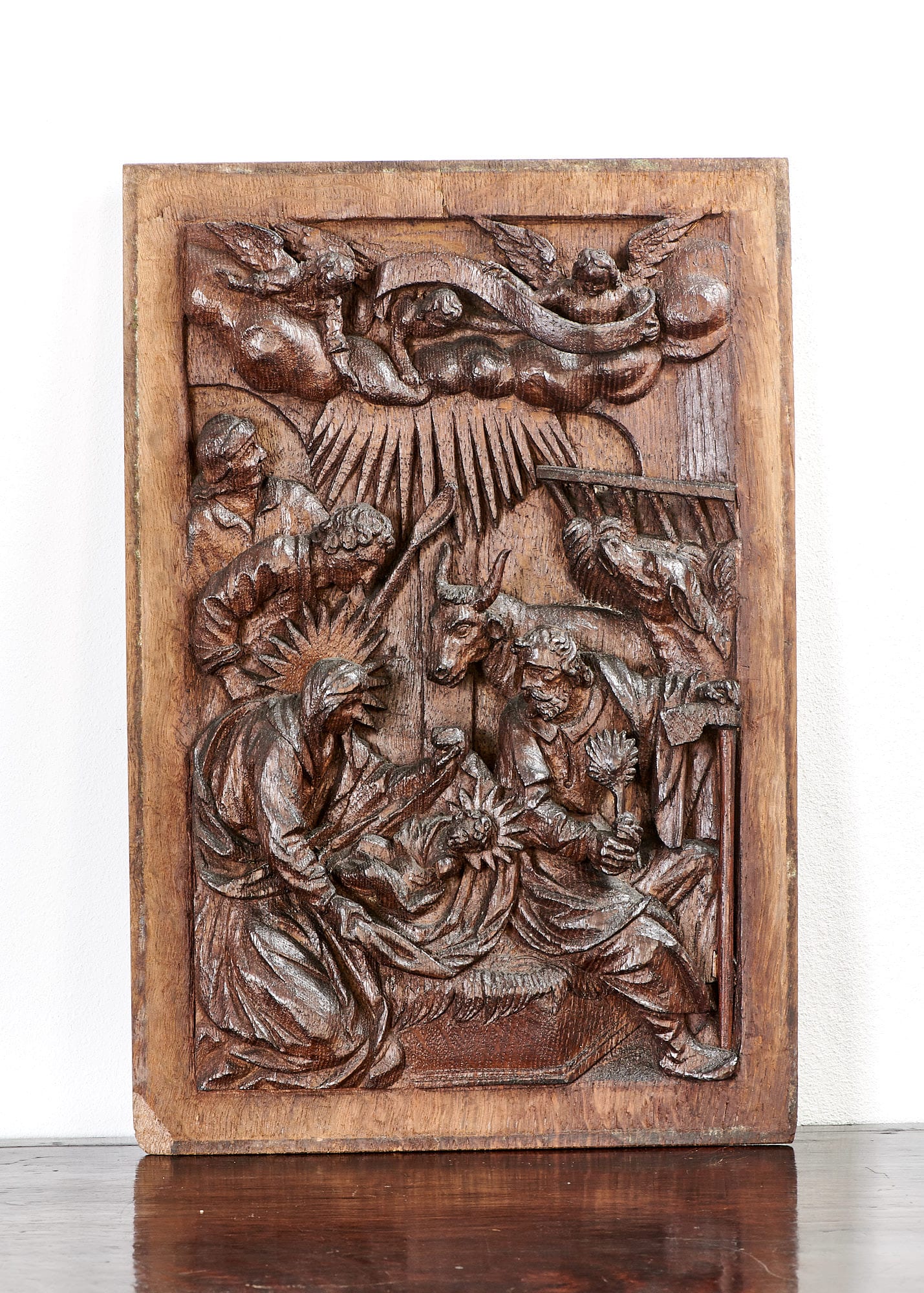 17th century carved panel in high relief of the Nativity