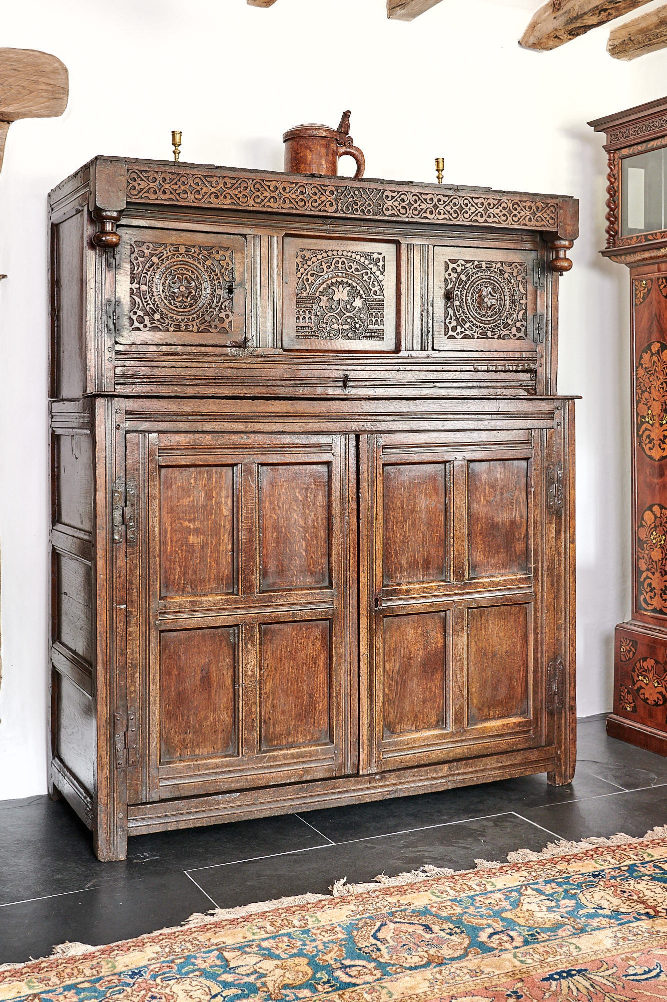 Charles II oak carved press cupboard
