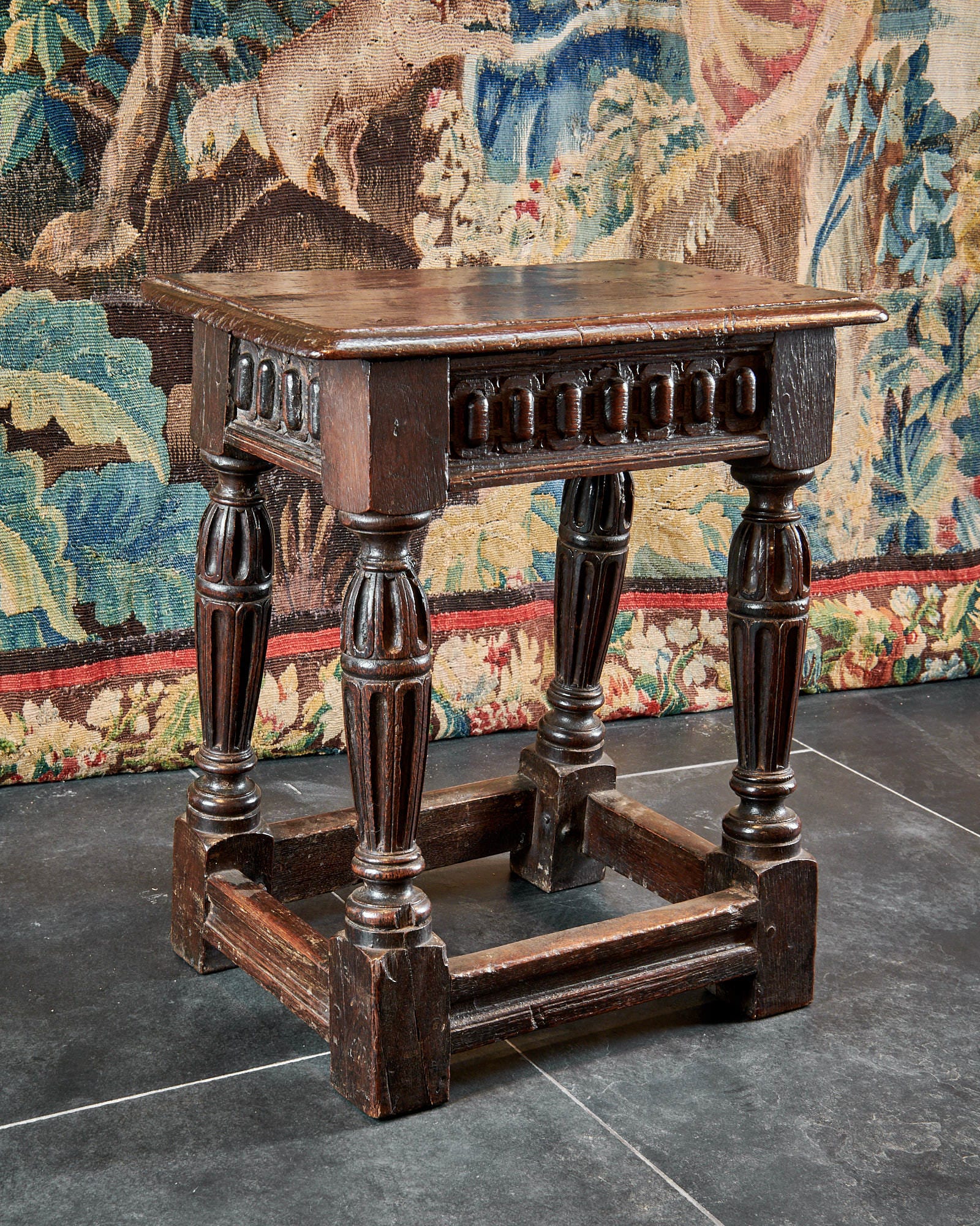 Late Elizabeth I oak carved stool