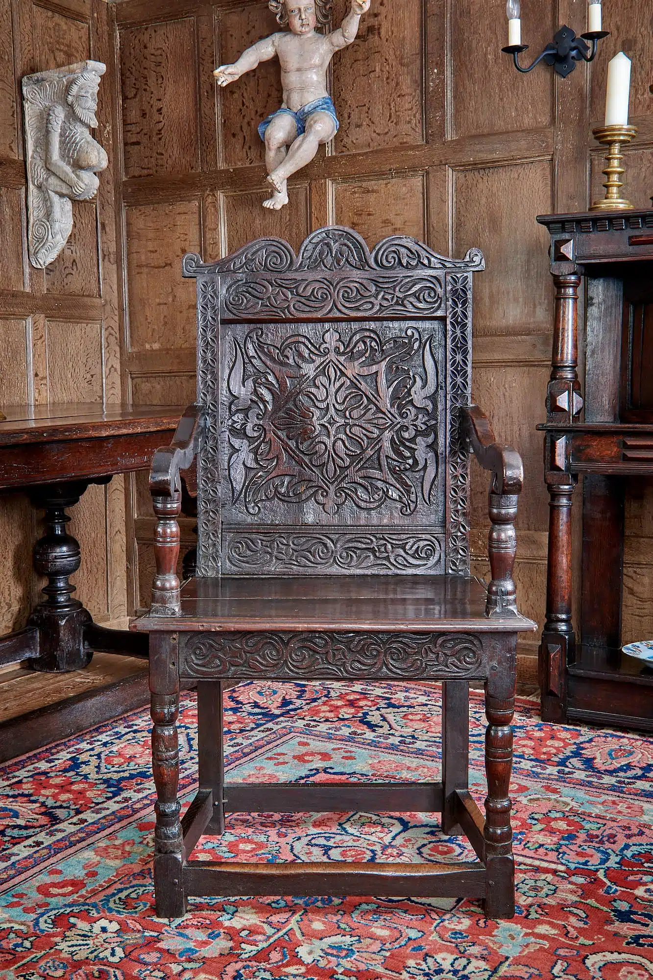 Charles II Exeter carved oak armchair
