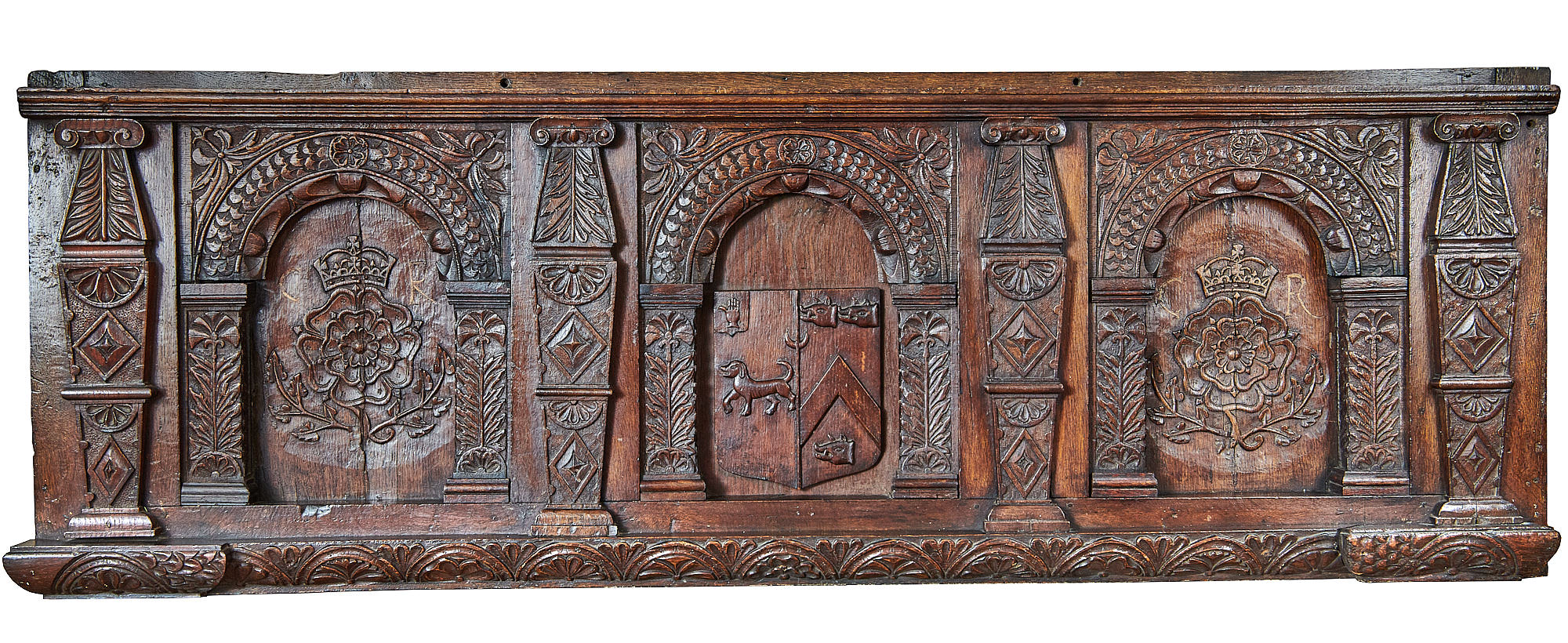 Charles I oak carved heraldic overmantel