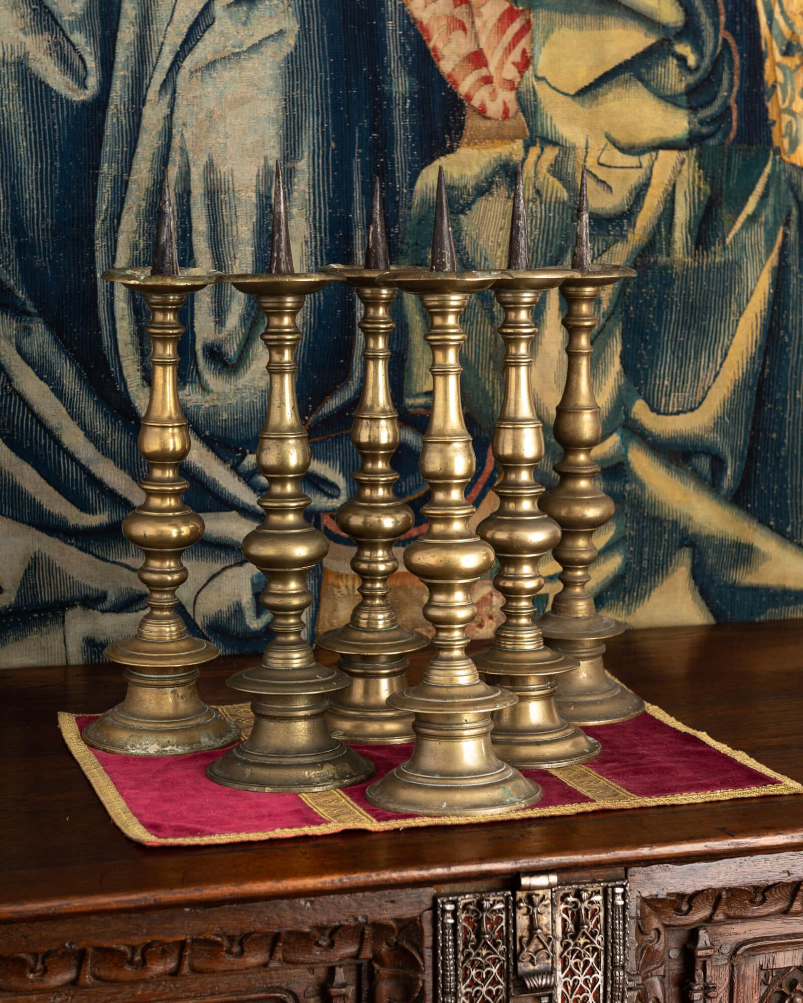 Set of Six Large Brass Pricket Candlesticks