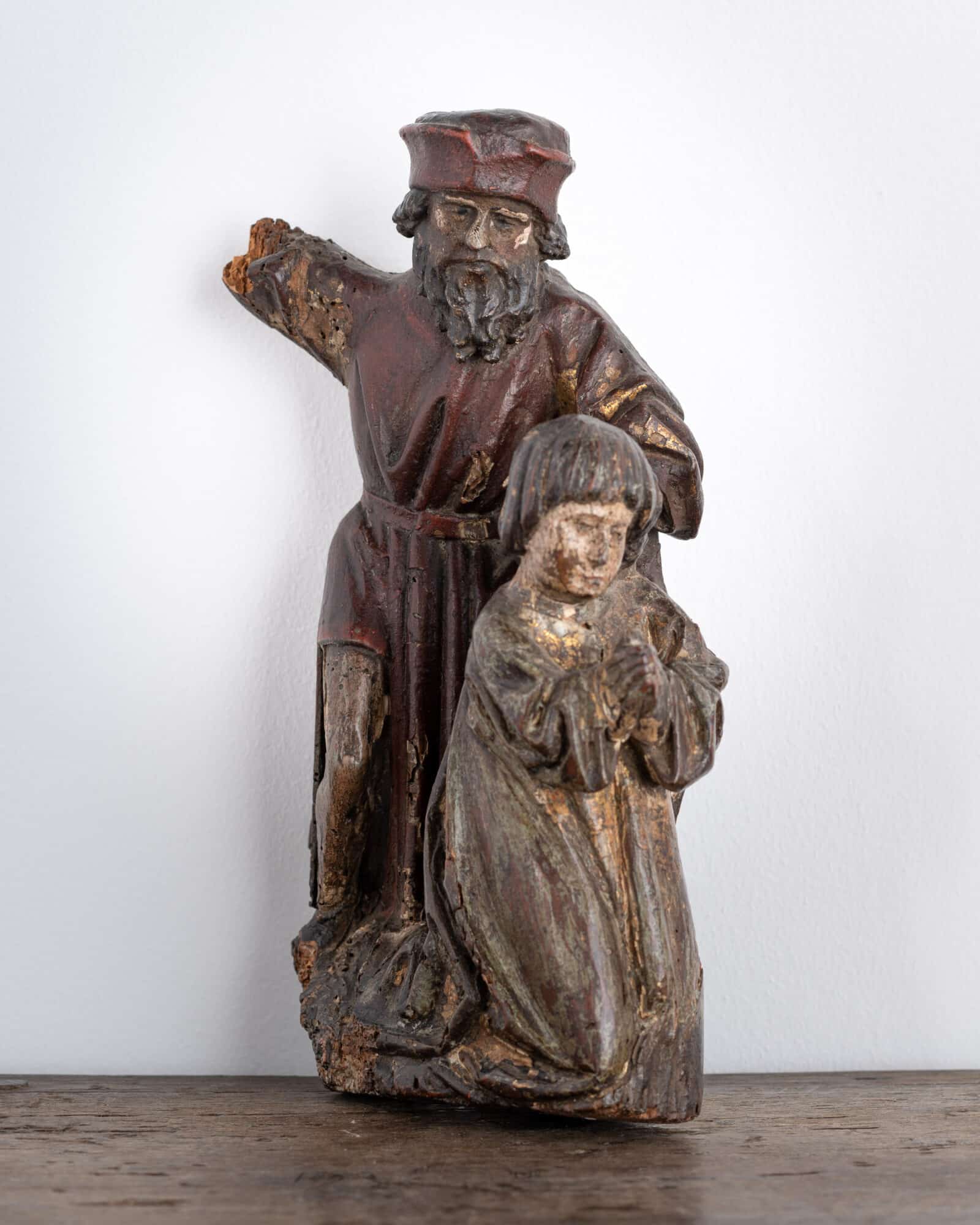 Late Gothic Carved Oak Group of a Standing Saint with Kneeling Devotee
