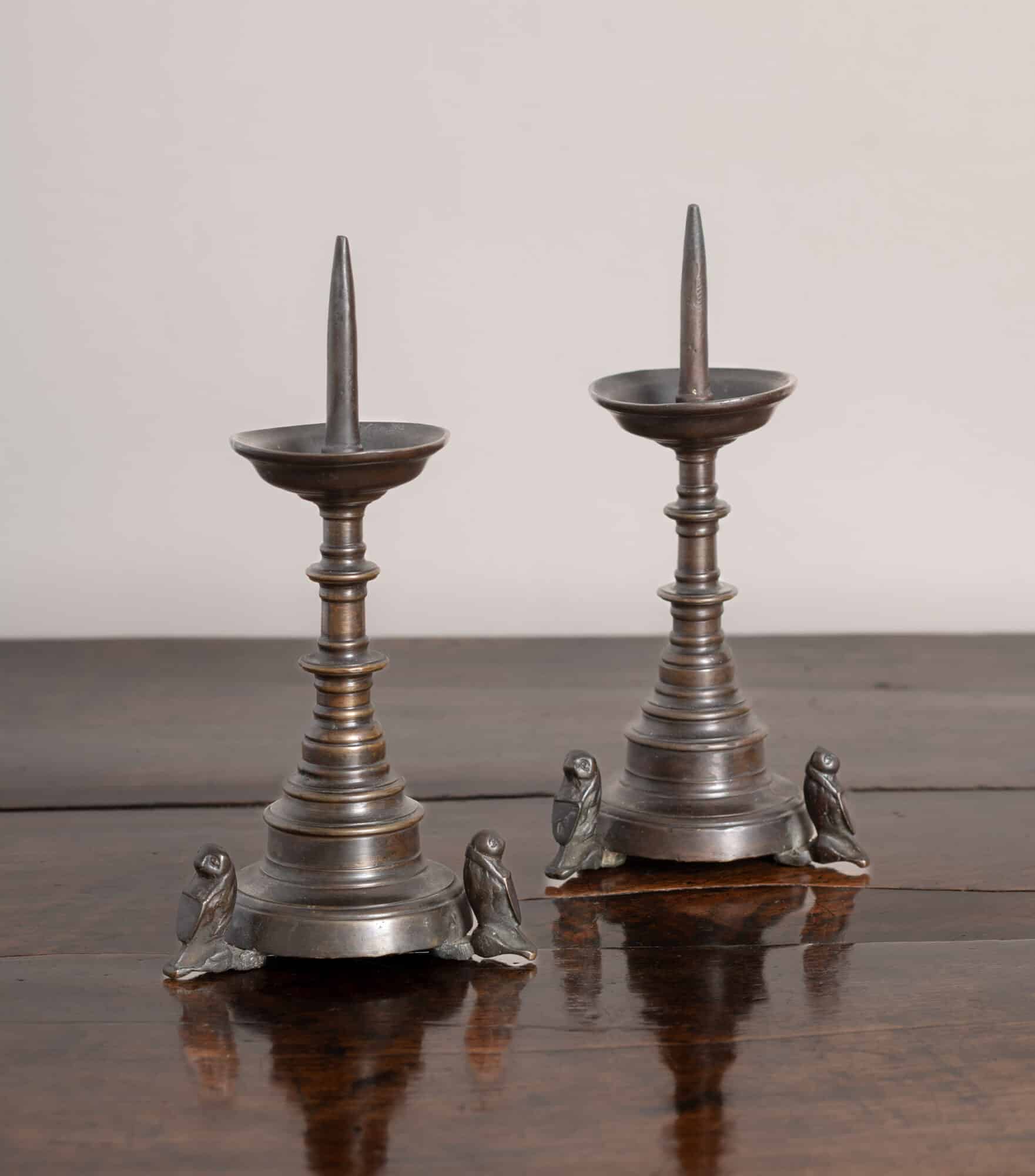 Pair of Late Gothic Bronze Candle Prickets on Zoomorphic Feet
