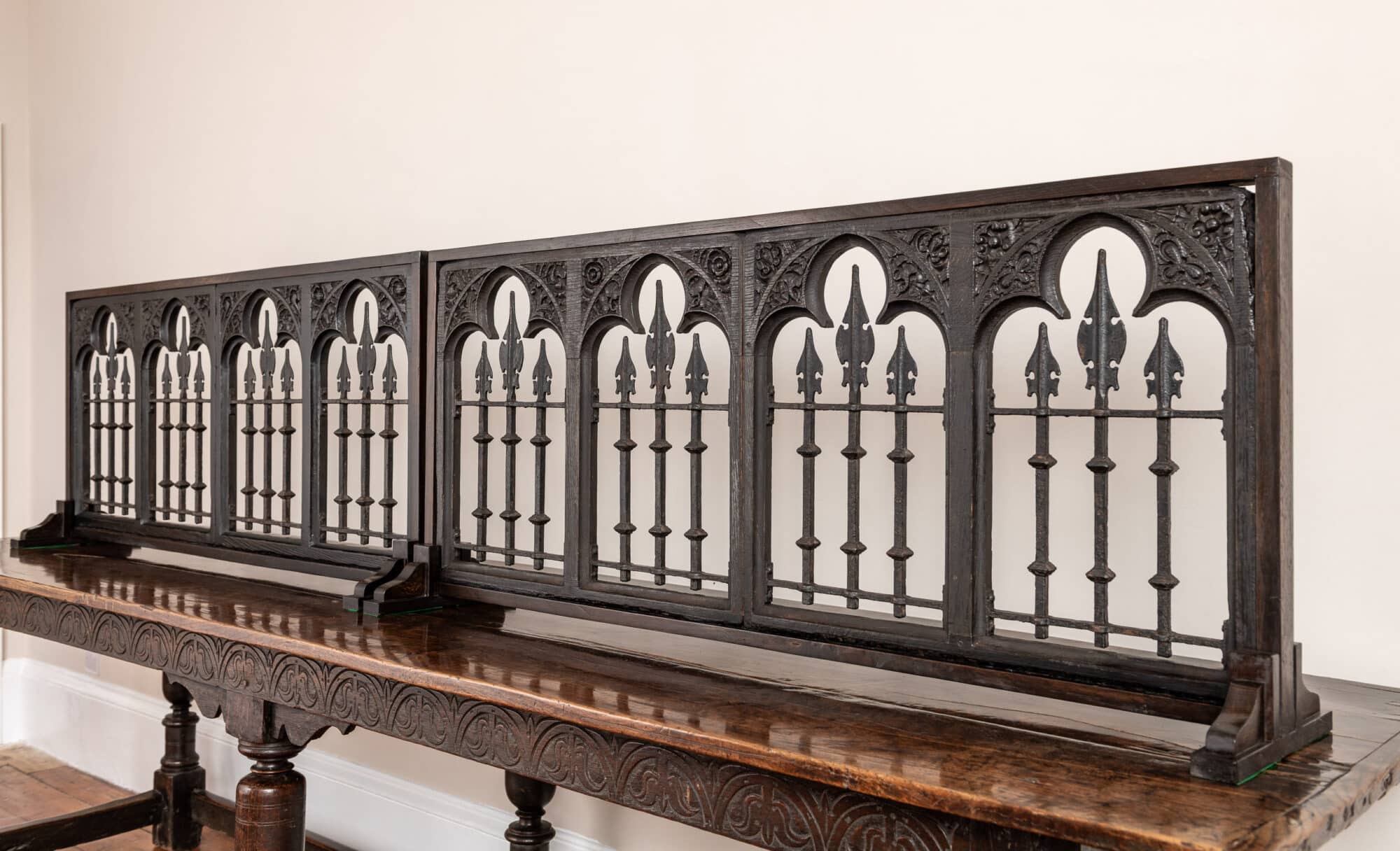 Four Early Tudor Oak and Wrought-Iron Traceried Screen Panels