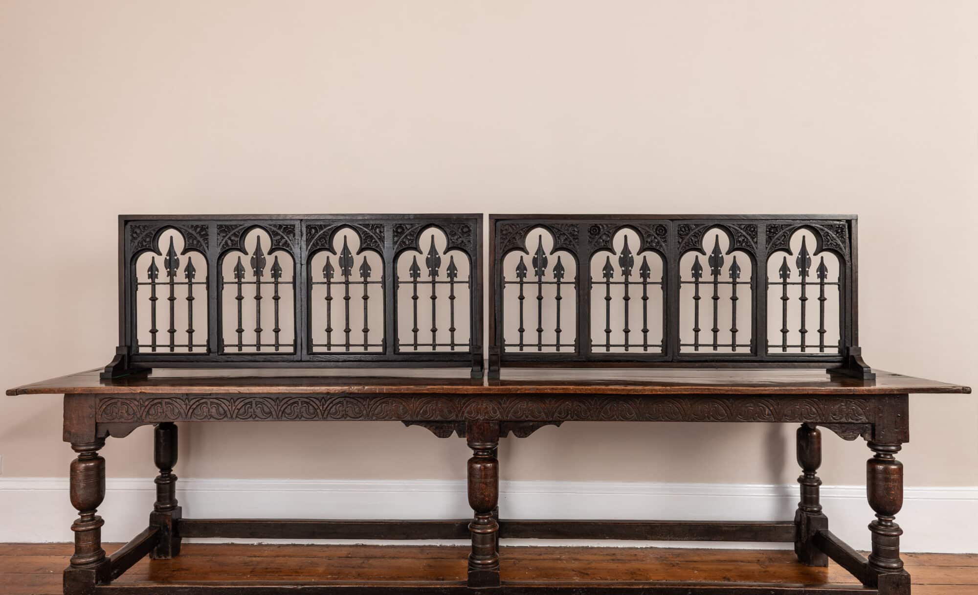 Four Early Tudor Oak and Wrought-Iron Traceried Screen Panels
