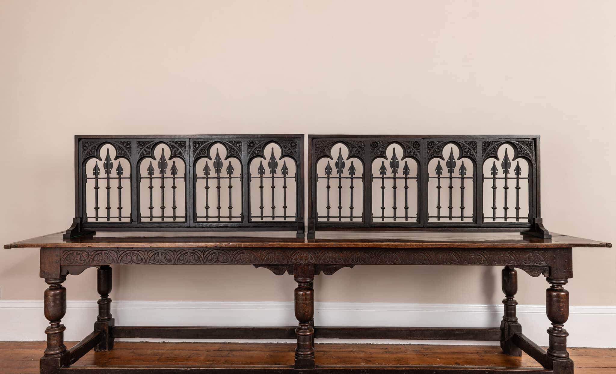 Four Early Tudor Oak and Wrought-Iron Traceried Screen Panels