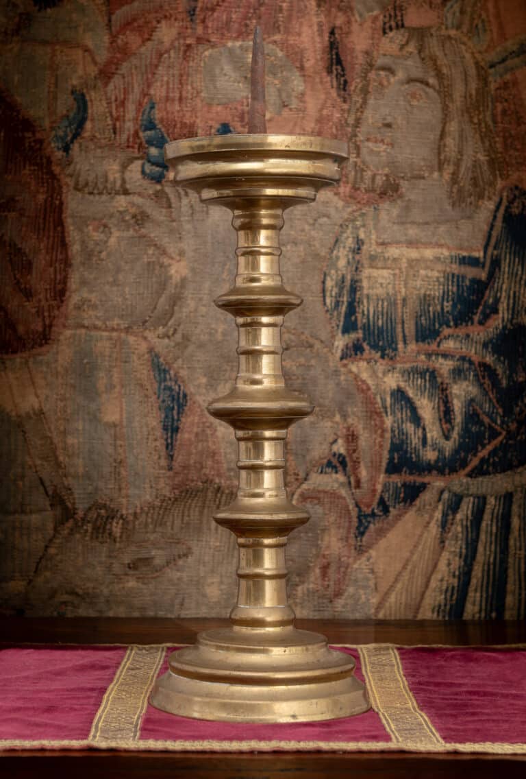 A Monumental Late Gothic Brass Altar Candlestick, or Scheibenleuchter Nuremberg, first half of the 16th century, circa 1500–1550 Cast brass with iron pricket