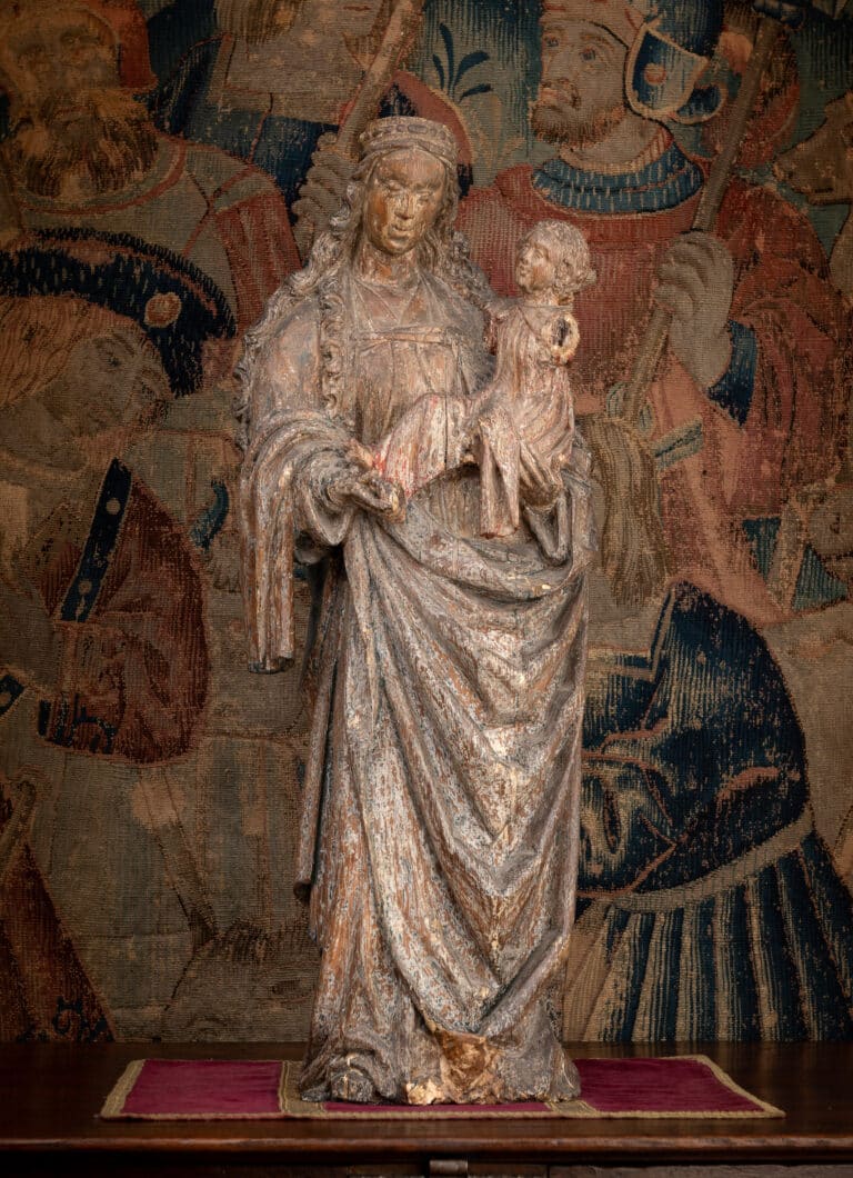 A Large and Important Brabantine Polychrome Oak Group of the Virgin and Child Southern Netherlands, Brabant, probably Brussels Circa 1500–1520 Oak with extensive remains of historic polychromy