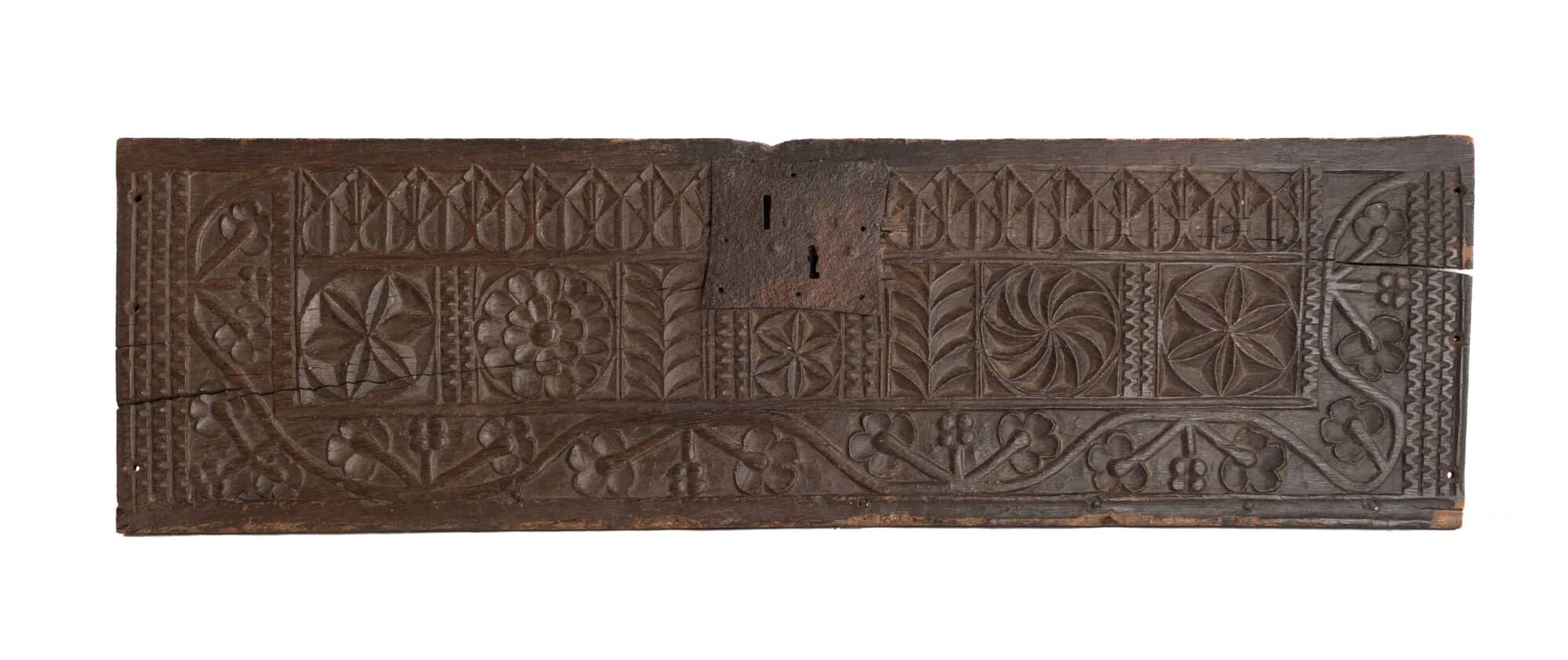 A Small English Late Gothic Carved Oak Chest Front