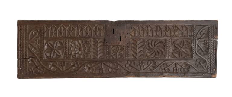 A Rare Small English Late Gothic Carved Oak Chest Front Northamptonshire, circa 1480–1500 Oak, retaining the original iron lock plate