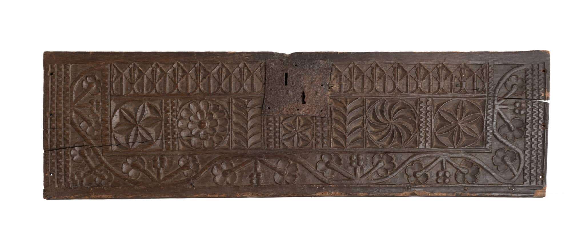A Small English Late Gothic Carved Oak Chest Front