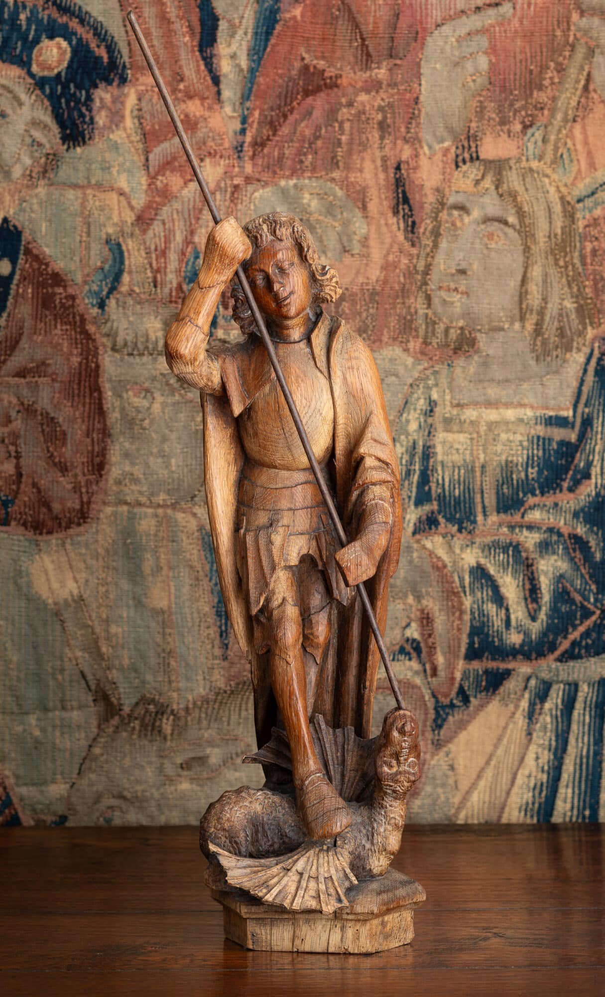 Late Gothic Oak Sculpture of Saint Michael the Archangel Overcoming the Devil