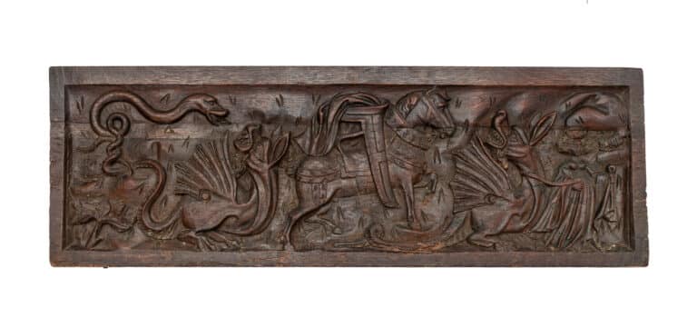 A rare mid-fifteenth-century carved oak chest front depicting Saint Margaret of Antioch English or Southern Netherlandish, circa 1435–1460