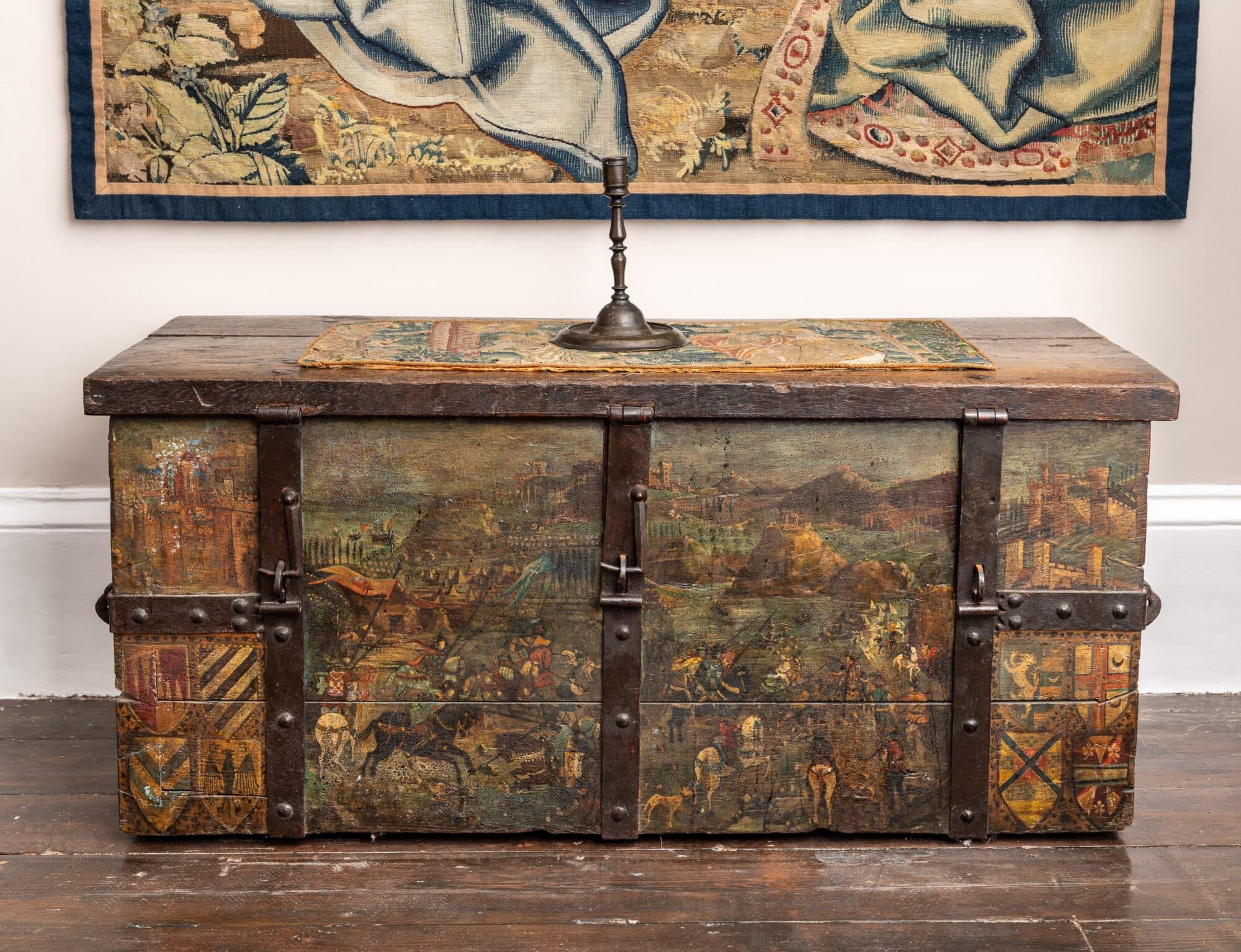 An Early Netherlandish Iron-Bound Chest with a Painted Military Panorama and Heraldic Decoration