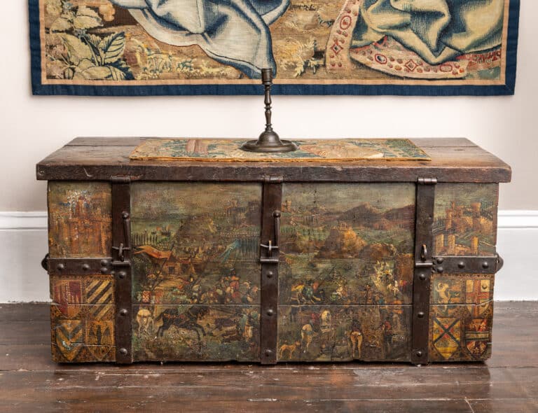An Early Netherlandish Iron-Bound Chest with a Painted Military Panorama and Heraldic Decoration The Netherlands, circa 1500–1520