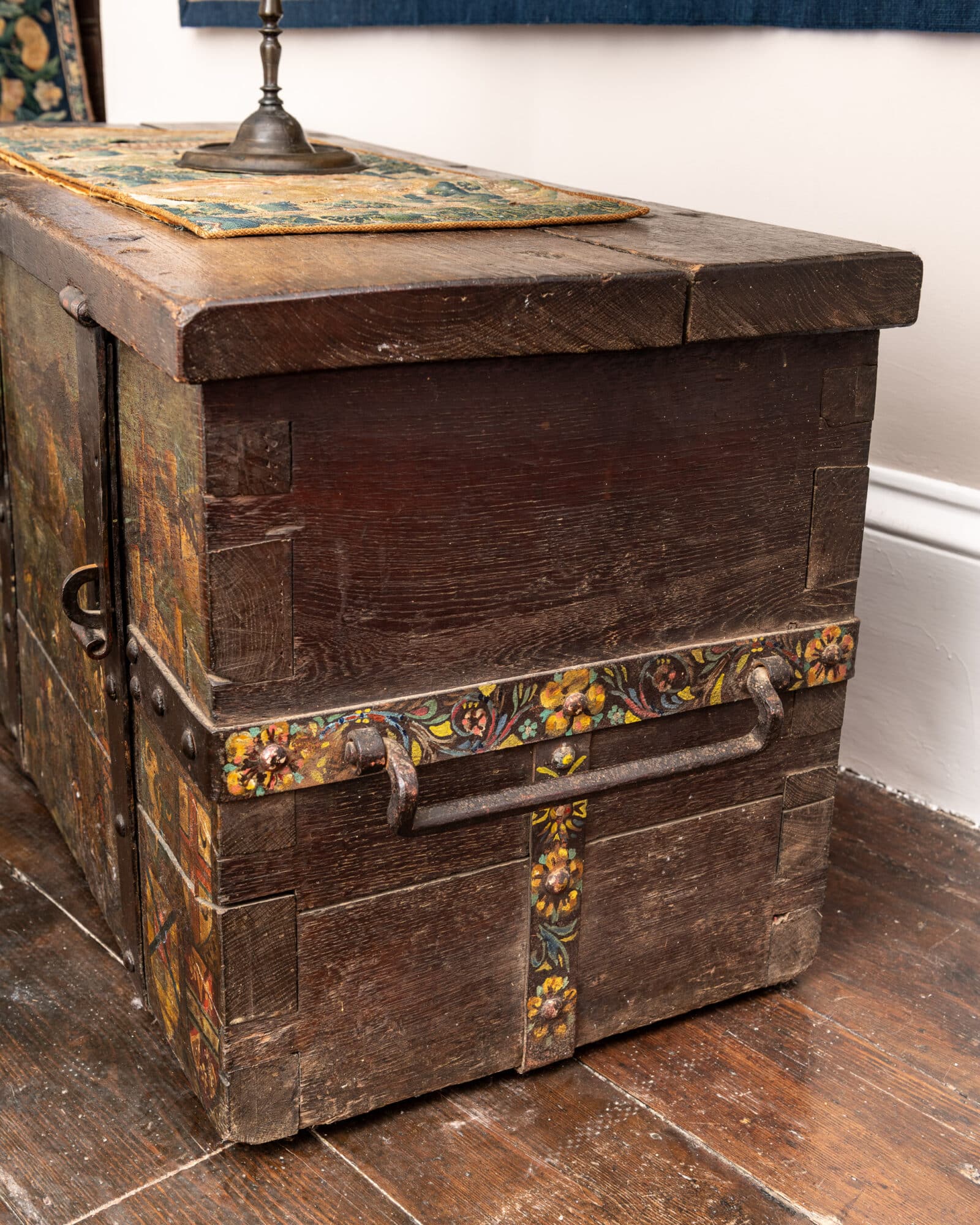 An Early Netherlandish Iron-Bound Chest with a Painted Military Panorama and Heraldic Decoration