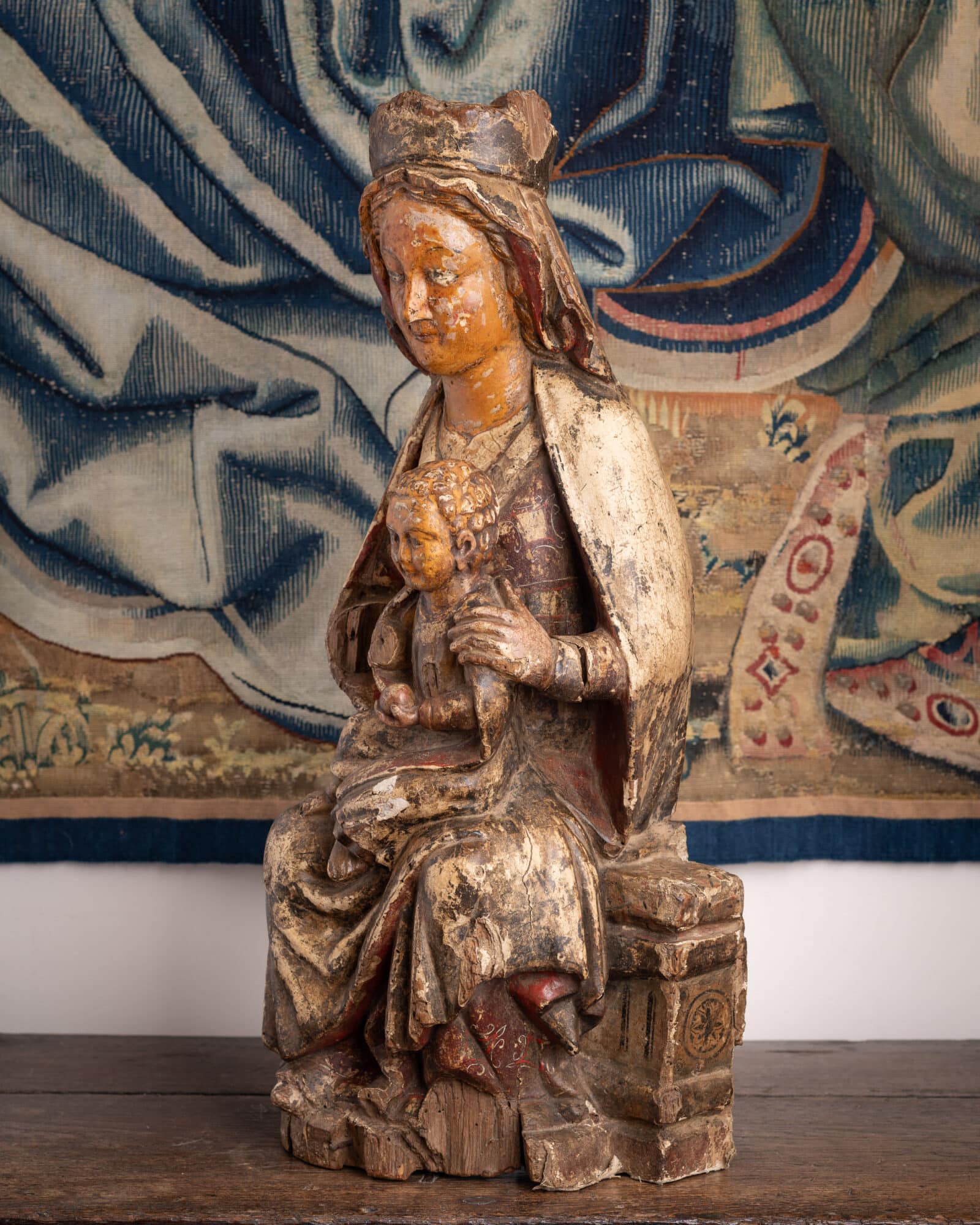 A Gothic Polychrome and Gilt Wood Sculpture of the Virgin and Child Enthroned (Sedes Sapientiae)