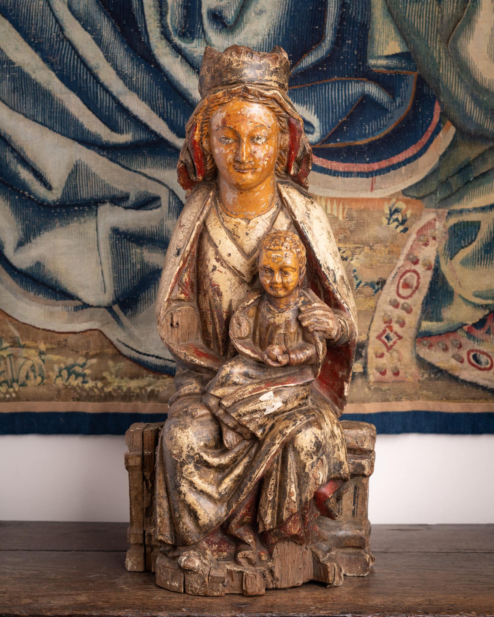 A Gothic Polychrome and Gilt Wood Sculpture of the Virgin and Child Enthroned (Sedes Sapientiae)
