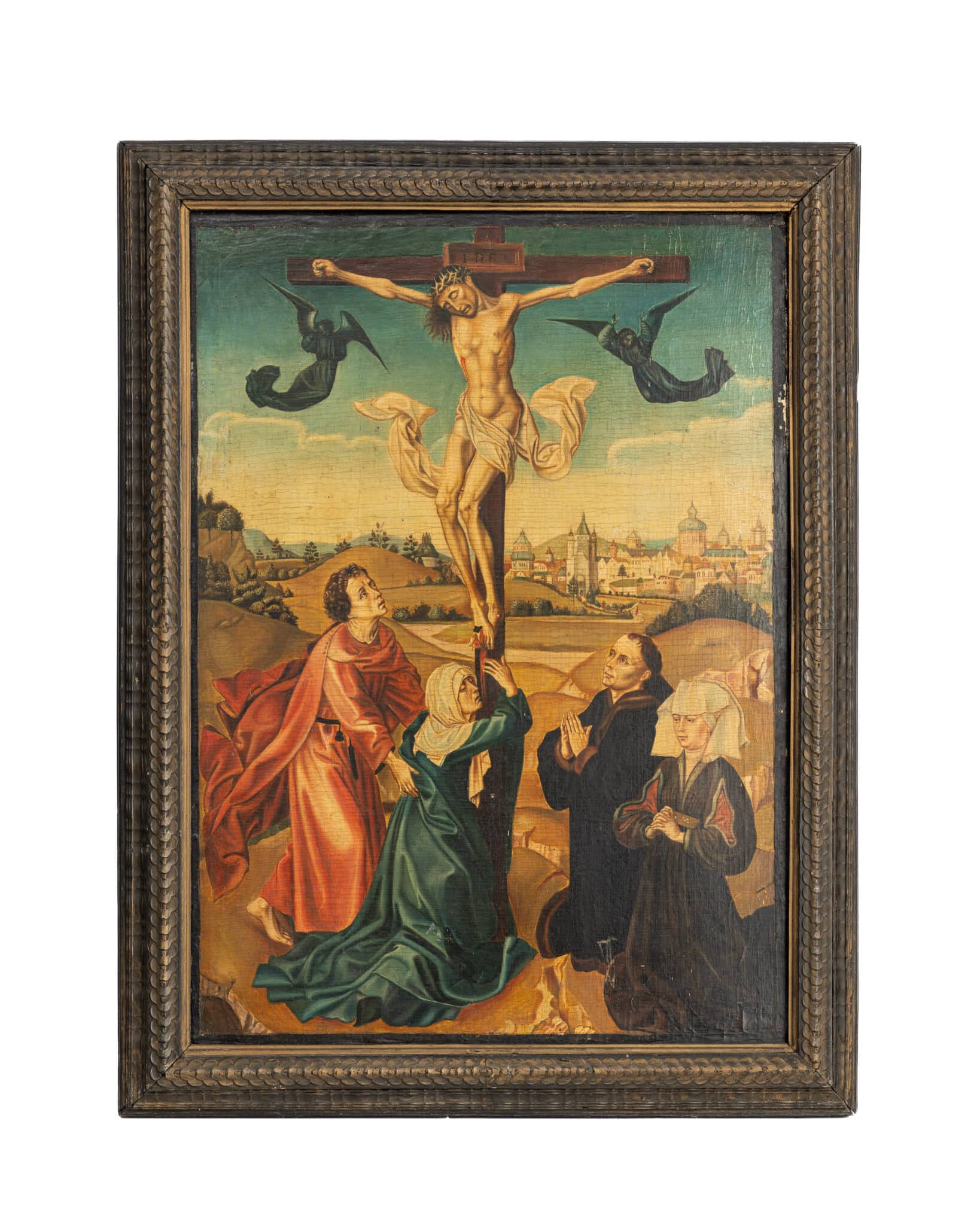 A Late Gothic Netherlandish Panel Depicting the Crucifixion with Kneeling Donors