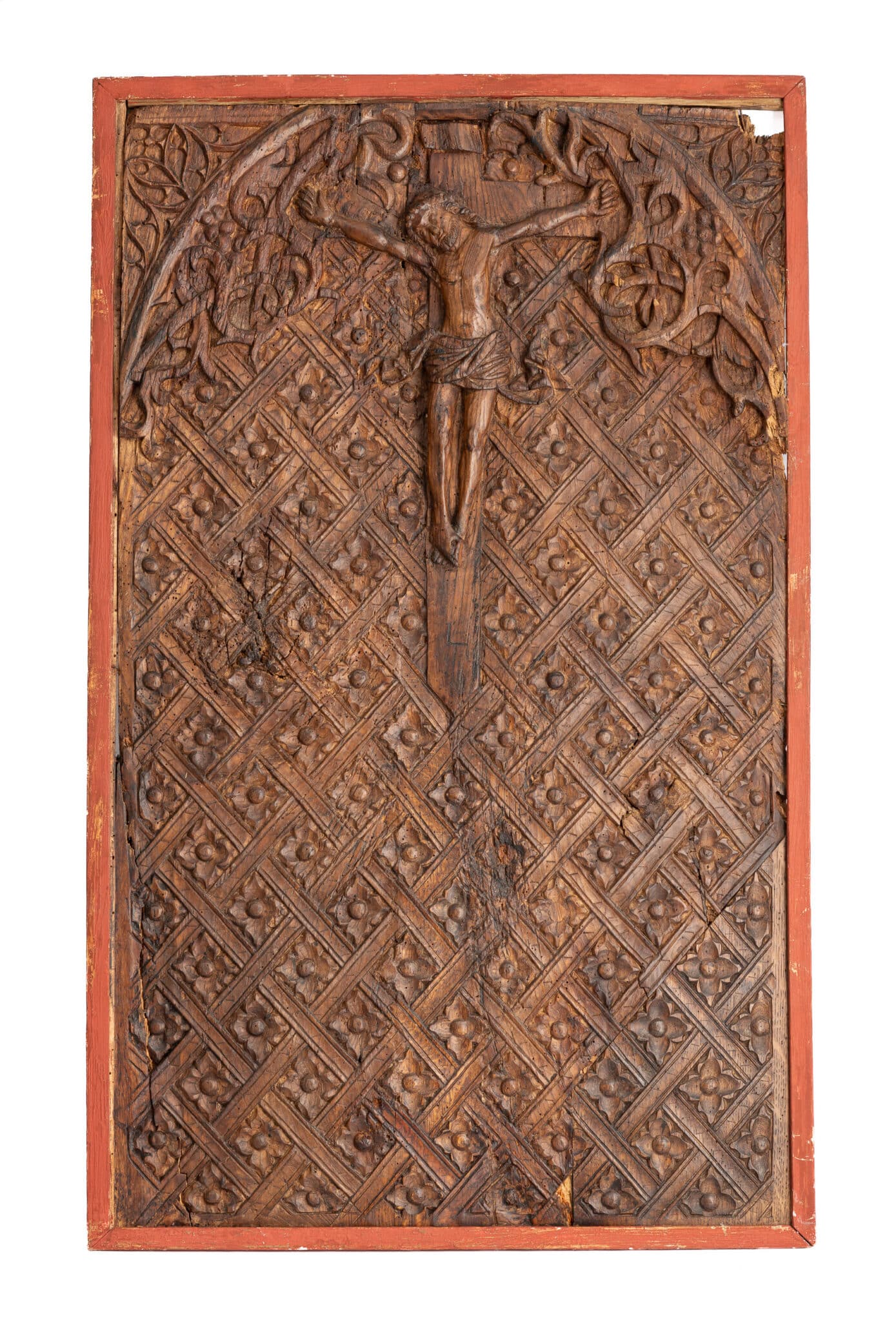 A Large Gothic Oak Panel Depicting the Crucifixion