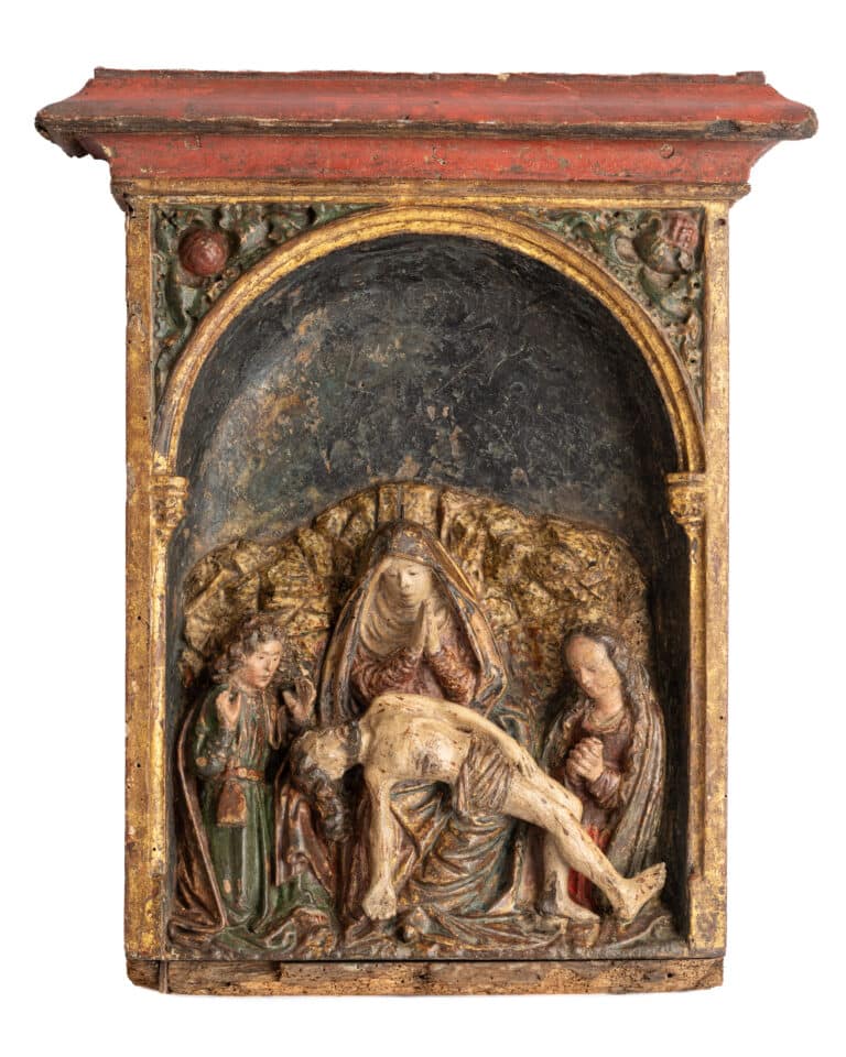 A Polychrome and Gilt Oak Relief of the Lamentation of Christ England or Flanders, possibly Anglo-Flemish Early 16th century, circa 1505–1520