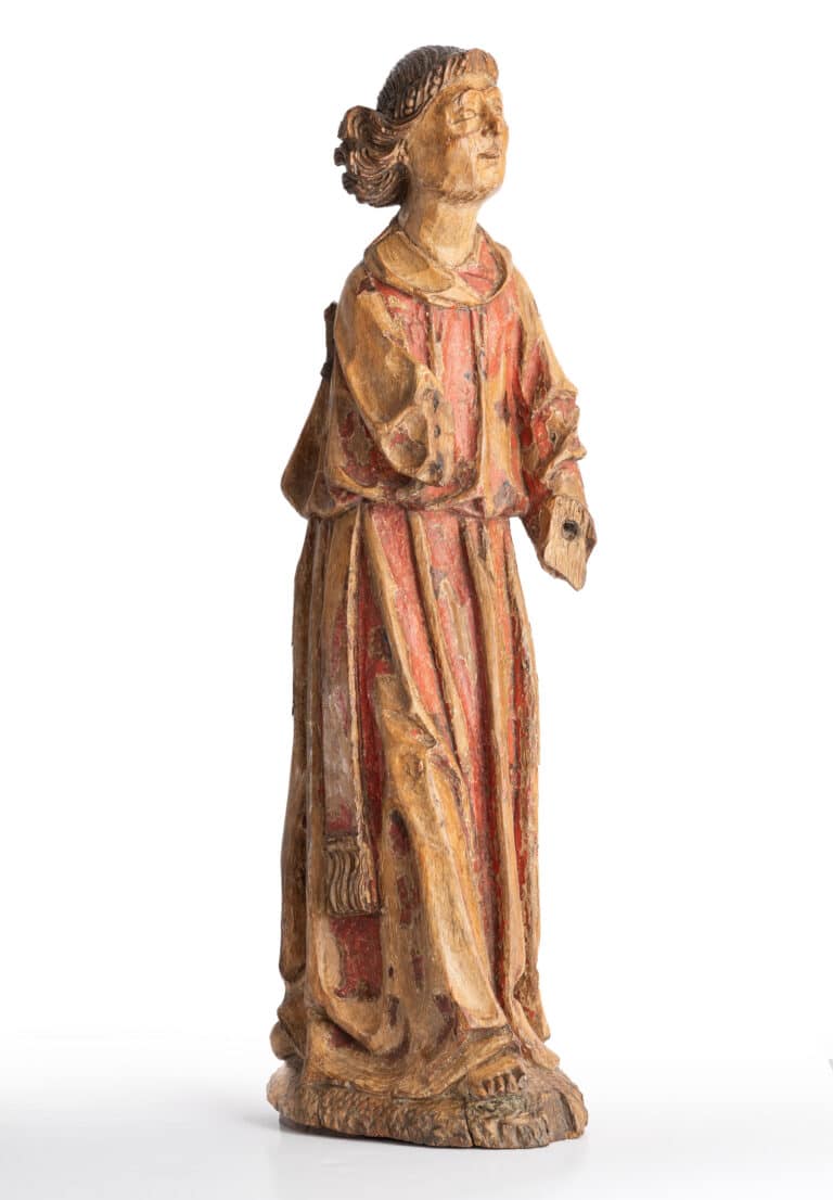 Early 15th-Century Polychrome Oak Figure of the Archangel Gabriel from an Annunciation Southern Netherlands, possibly the Meuse Valley, circa 1420–1450